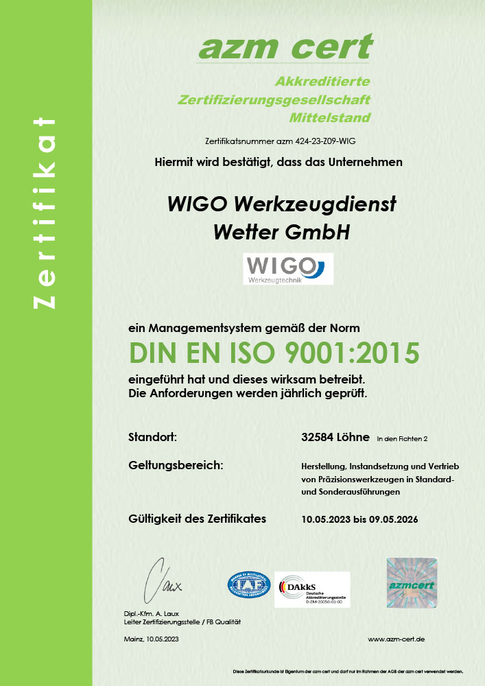 WIGO-Werkzeugtechnik | azm Zertifikat | ISO 9001