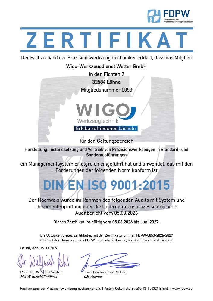 WIGO-Werkzeugtechnik | Zertifikat DIN ES ISO 9001:2015 WIGO-Werkzeugtechnik | Zertifikat DIN ES ISO 9001:2015